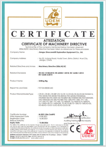 China Jiangsu Sinocoredrill Exploration Equipment Co., Ltd Certificações